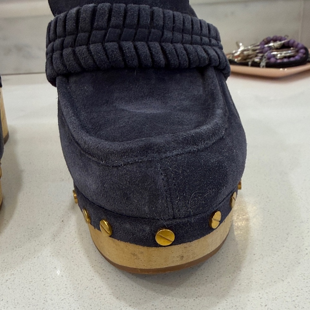 Veronica Beard Navy Suede Mules with Gold Accents - Picture 7 of 11